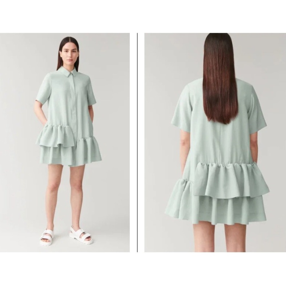 COS Frilled Short Sleeve Dress Size 6 Sage Green Asymmetrical Tiered Ruffle